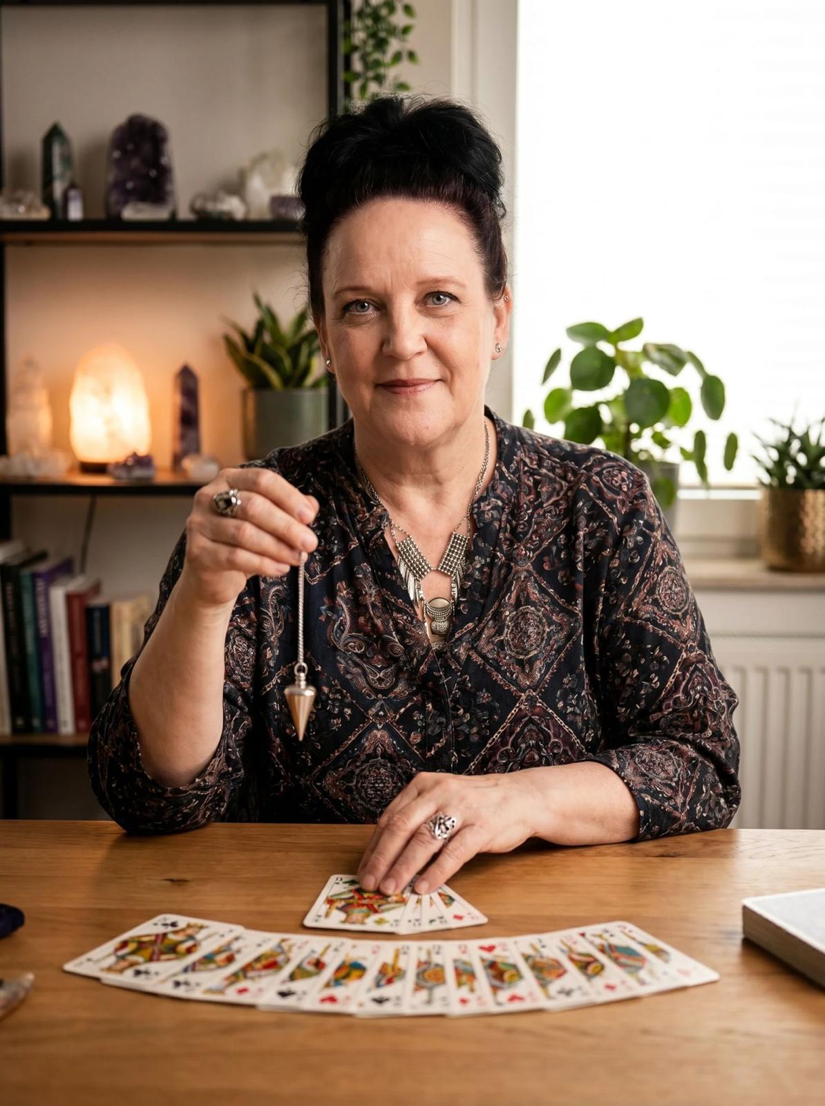 Gundy mit Pendel und aufgefächerten Karten am Tisch